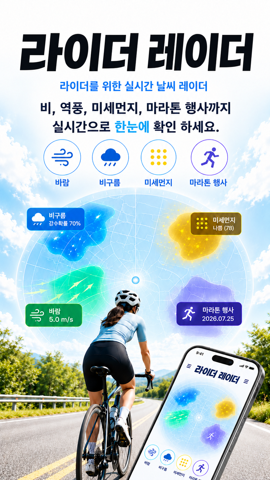 라이더 레이더는 비, 역풍, 미세먼지, 마라톤 행사를 실시간으로 확인할 수 있는 라이딩 날씨 레이더입니다.